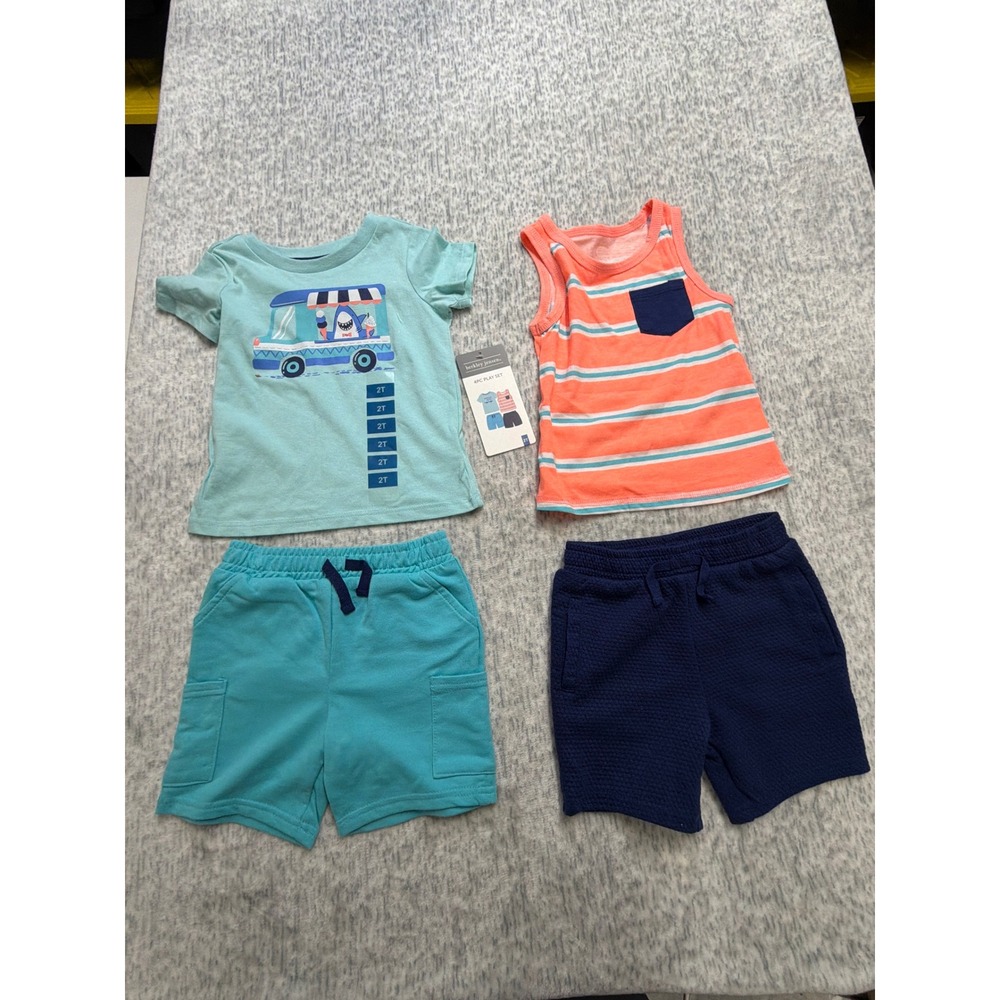 Berkley Jensen Toddler Boys 4PC Play Set Shark T-Shirt Tank Shorts‎ Aqua Navy 2T